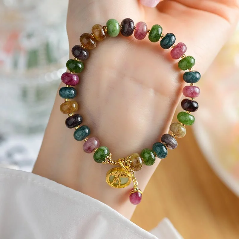 Sparkling Diamond Bangles for Women-Buddha Stones Colorful Tourmaline Cute Flower Rabbit Charm Love Bracelet Sparkling Diamond Bangles for Women-Buddha Stones Colorful Tourmaline Cute Flower Rabbit Charm Love Bracelet