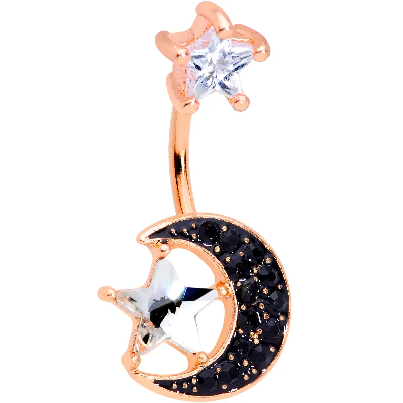 Stylish Belly Rings with Elegant Touches -Clear CZ Gem Rose Gold Tone Black Moon Double Mount Belly Ring Stylish Belly Rings with Elegant Touches -Clear CZ Gem Rose Gold Tone Black Moon Double Mount Belly Ring