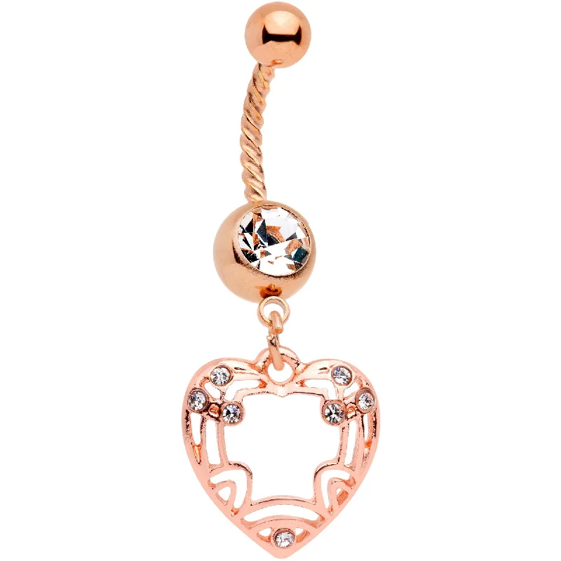 Trendy Belly Rings with Shiny Stones -Clear Gem Rose Gold Tone Art Deco Heart Twisted Dangle Belly Ring Trendy Belly Rings with Shiny Stones -Clear Gem Rose Gold Tone Art Deco Heart Twisted Dangle Belly Ring