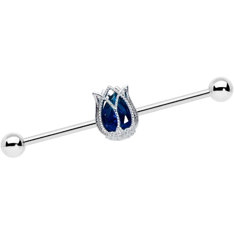 Women's Earrings – Elegant Designs for Every Personality--14 Gauge Blue Gem Tulip Flower Industrial Barbell 38mm Women's Earrings – Elegant Designs for Every Personality--14 Gauge Blue Gem Tulip Flower Industrial Barbell 38mm