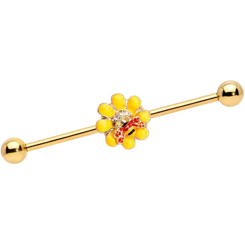 Women's Earrings – Elegant Designs for Every Personality--14 Gauge Clear Gem Gold Tone Yellow Bee Flower Industrial Barbell 38mm