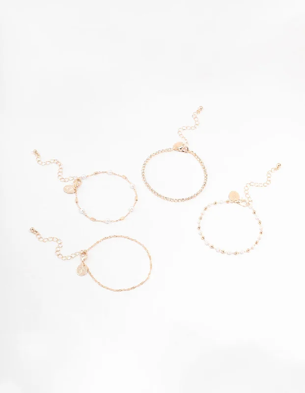 Personalized Bangles with Birthstones for Women-Rose Gold Dainty Pearl Bracelets & Anklets 4-Pack