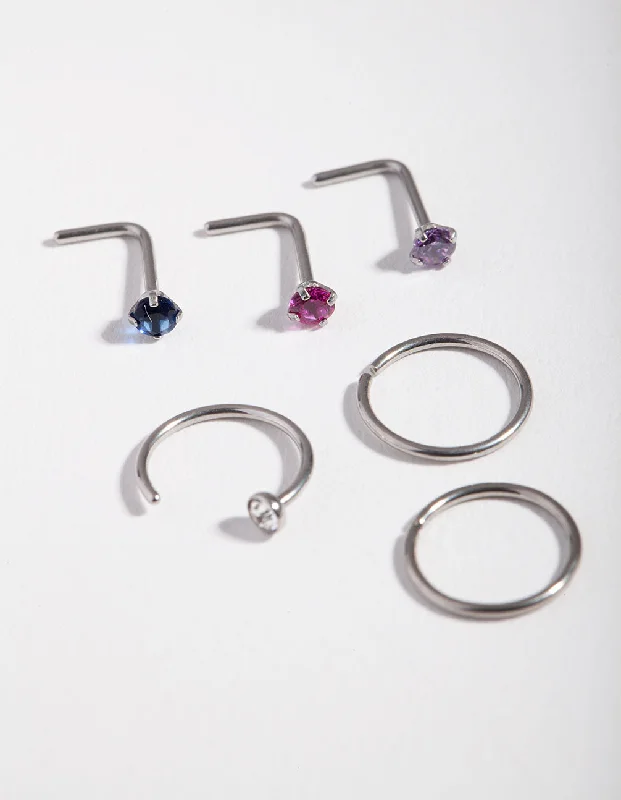 Nose Rings for Elegant Style -Surgical Steel Diamante Nose Piercing 6-Pack