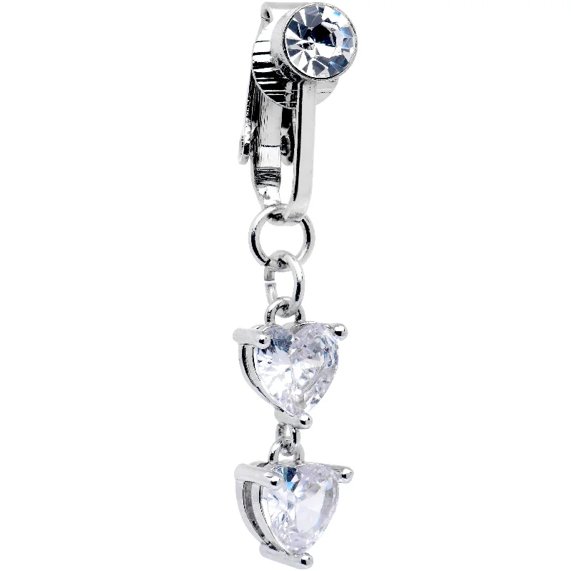 Designer Belly Rings for Bold Fashion -Clear CZ Gem Hearts Dangle Clip on Fake Belly Ring Designer Belly Rings for Bold Fashion -Clear CZ Gem Hearts Dangle Clip on Fake Belly Ring