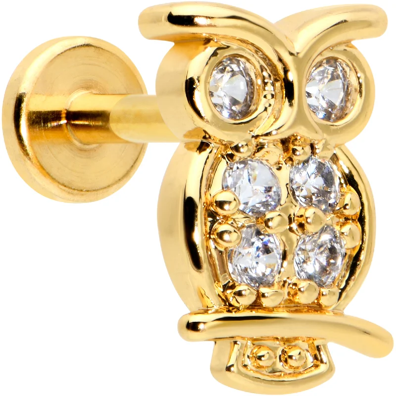 Stylish Lip Rings with Edgy Look16 Gauge 1/4 Clear CZ Gem Gold Hue Owl Internal Thread Labret Tragus Stylish Lip Rings with Edgy Look16 Gauge 1/4 Clear CZ Gem Gold Hue Owl Internal Thread Labret Tragus