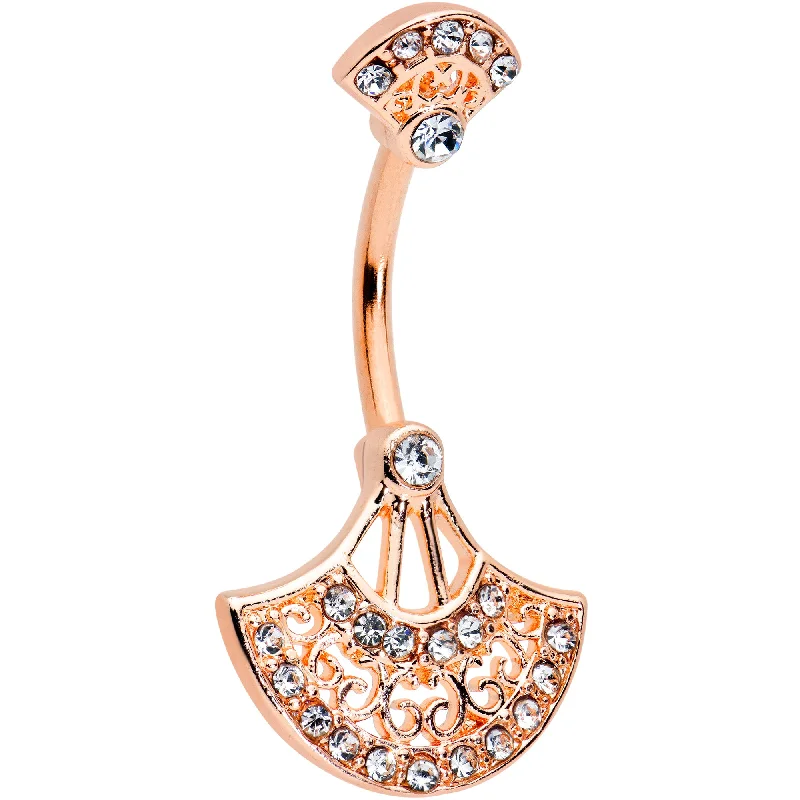 Stylish Belly Rings for Elegant Looks -Clear Gem Rose Gold Tone Exotic Fan Double Mount Belly Ring Stylish Belly Rings for Elegant Looks -Clear Gem Rose Gold Tone Exotic Fan Double Mount Belly Ring