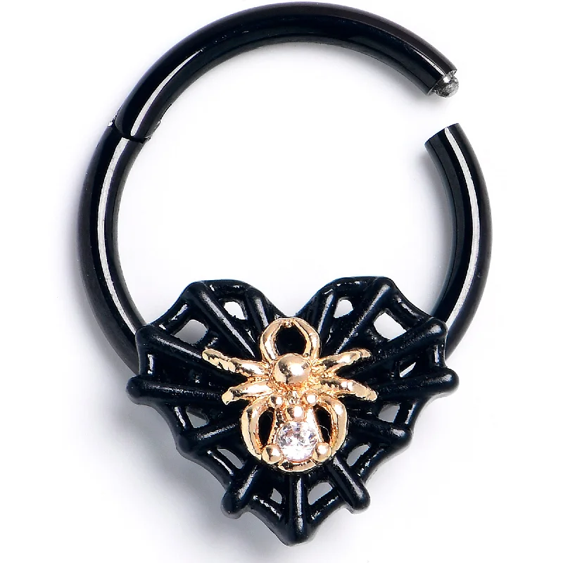Nose Rings with Silver Finish -16 Gauge 3/8 Clear Gem Black Golden Spider Web Heart Hinged Segment Ring Nose Rings with Silver Finish -16 Gauge 3/8 Clear Gem Black Golden Spider Web Heart Hinged Segment Ring