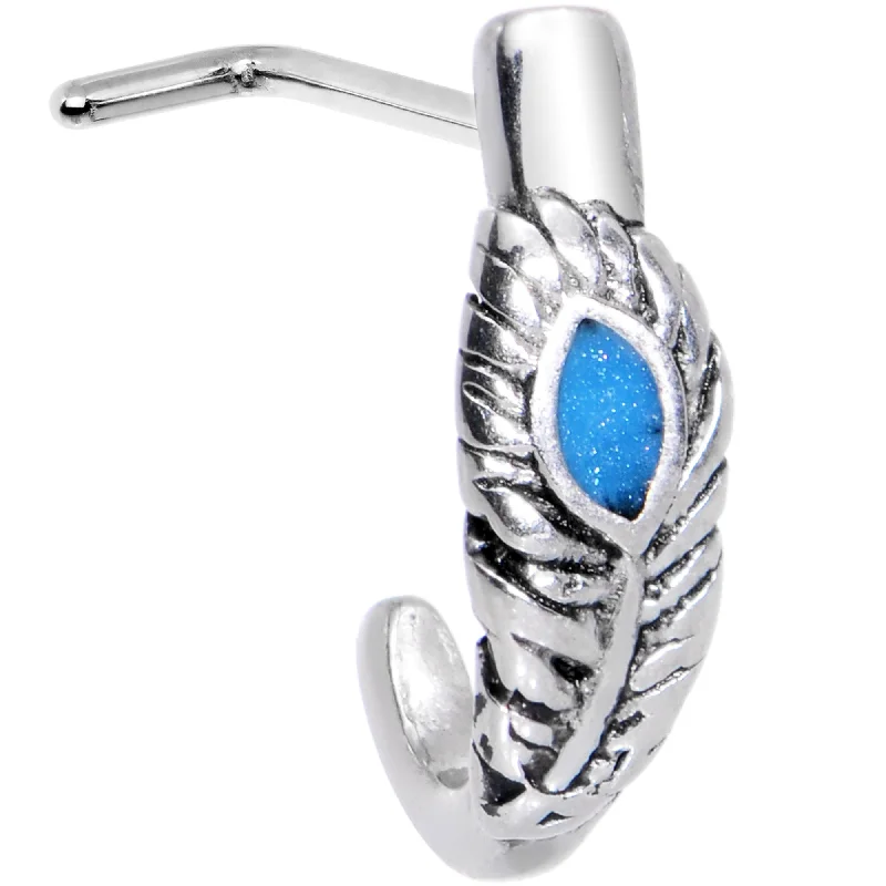 Nose Rings with Natural Stones -20 Gauge Glitter Blue Bird Feather Faux Hoop L Shaped Nose Ring Nose Rings with Natural Stones -20 Gauge Glitter Blue Bird Feather Faux Hoop L Shaped Nose Ring