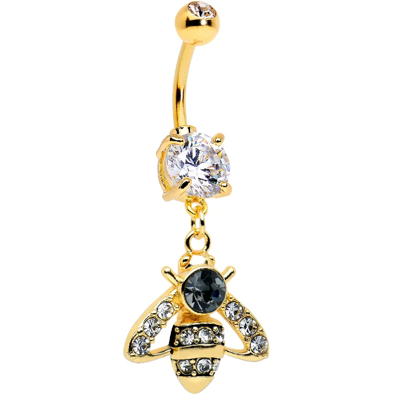 Stunning Belly Rings with Gemstone Details -Clear Black Gem Gold Tone Angular Bee Dangle Belly Ring Stunning Belly Rings with Gemstone Details -Clear Black Gem Gold Tone Angular Bee Dangle Belly Ring
