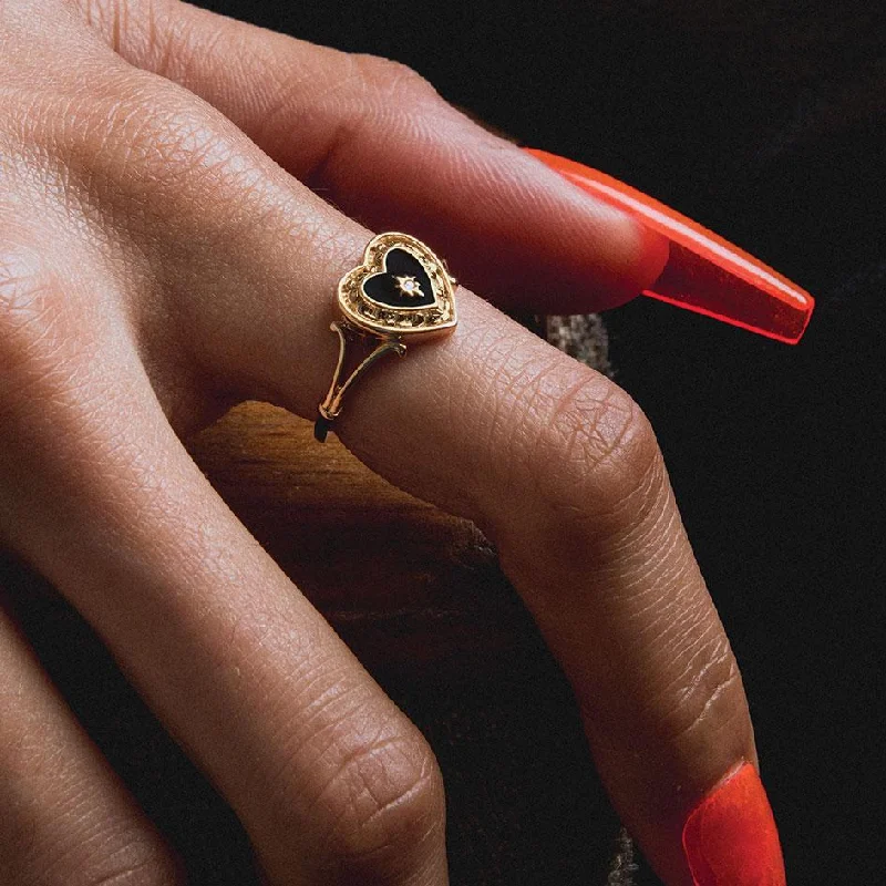 Chic Women's Rings for Fashion-Forward Looks-SOLEMN. Black Enamel Heart Ring - Gold