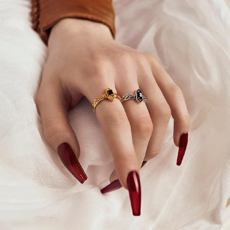 Chic Women's Rings for Fashion-Forward Looks-RENOUNCE. Ornate Gothic Onyx Ring - Gold Chic Women's Rings for Fashion-Forward Looks-RENOUNCE. Ornate Gothic Onyx Ring - Gold
