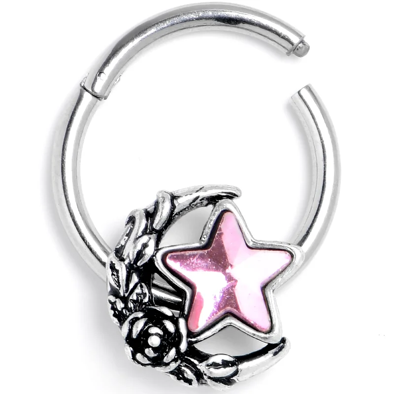 Women's Earrings – Elegant Designs for Every Personality--16 Gauge 3/8 Pink Gem Ornate Moon Star Hinged Segment Ring