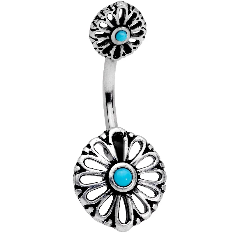 Beautiful Belly Rings with Shiny Detail -Faux Turquoise Openwork Flower Double Mount Belly Ring Beautiful Belly Rings with Shiny Detail -Faux Turquoise Openwork Flower Double Mount Belly Ring