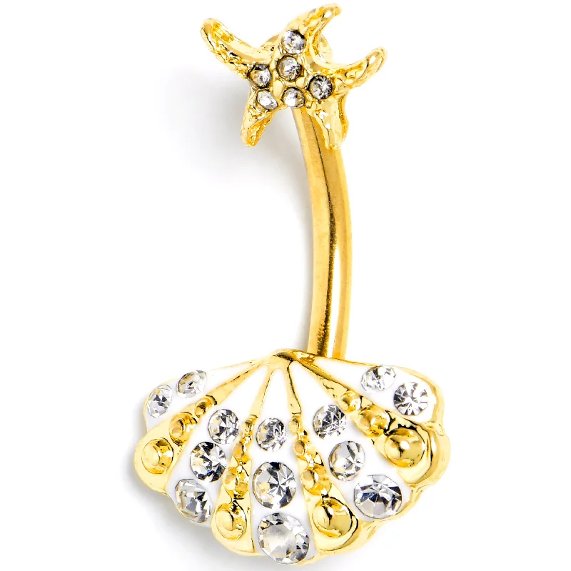 Stunning Belly Rings with Artistic Touch -Clear Gem Gold Tone Luxe Sea Shell Glam Starfish Double Mount Belly Ring Stunning Belly Rings with Artistic Touch -Clear Gem Gold Tone Luxe Sea Shell Glam Starfish Double Mount Belly Ring