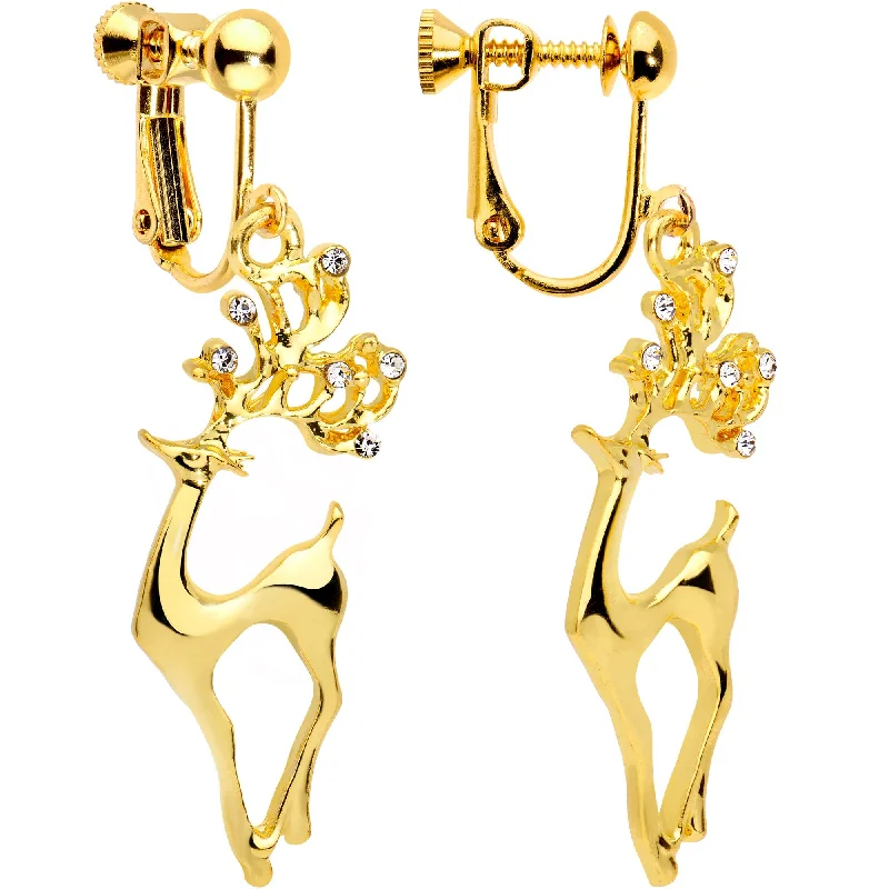 Women's Earrings – Elegant Designs for Every Personality--Clear CZ Gem Gold Plated Prancing Reindeer Clip On Earrings