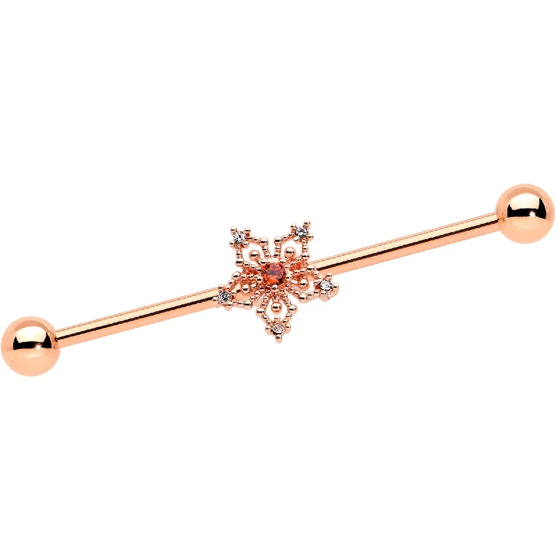 Women's Earrings – Elegant Designs for Every Personality--14 Gauge Red Gem Rosy Tone Texture Snowflake Industrial Barbell 38mm Women's Earrings – Elegant Designs for Every Personality--14 Gauge Red Gem Rosy Tone Texture Snowflake Industrial Barbell 38mm