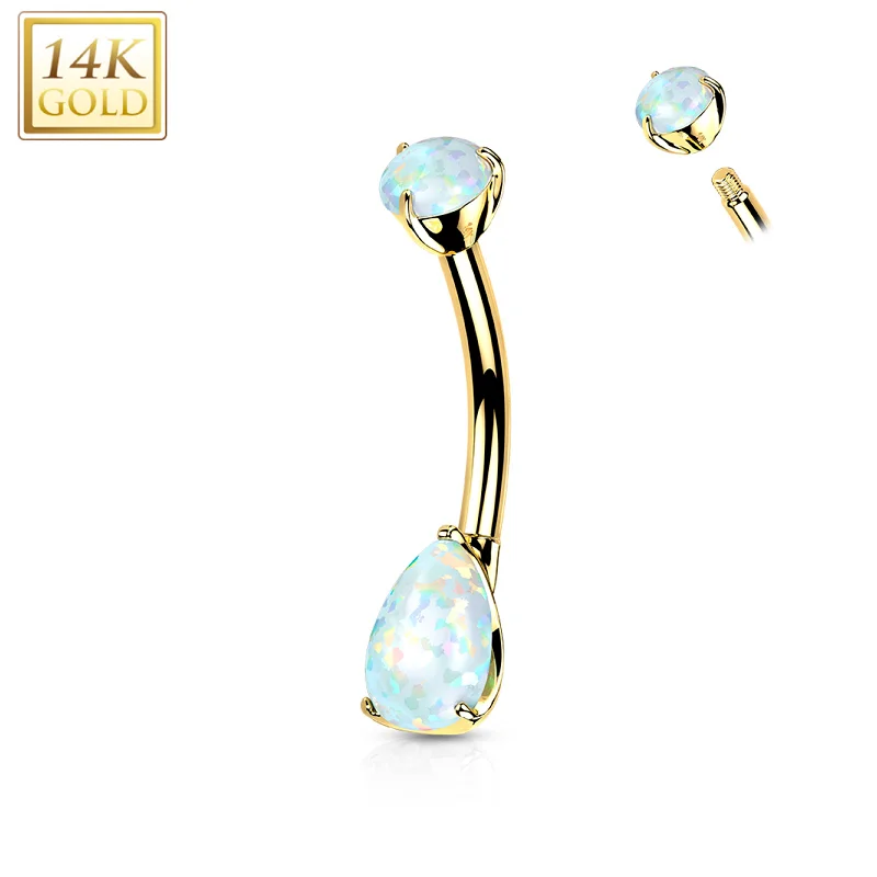 Trendy Belly Rings for Fashion-Forward Women -14kt Solid Yellow Gold Double Prong Set Teardrop Synthetic Opal Belly Ring Trendy Belly Rings for Fashion-Forward Women -14kt Solid Yellow Gold Double Prong Set Teardrop Synthetic Opal Belly Ring