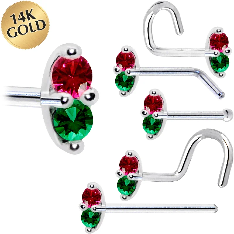 Comfortable Nose Rings -14kt White Gold Red Green 1.5mm CZ Marquise Nose Ring