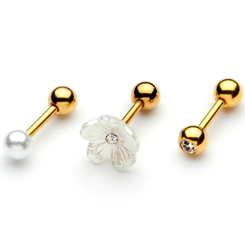 Women's Earrings – Elegant Designs for Every Personality--16 Gauge 1/4 Faux Pearl Gold Tone Flower Cartilage Tragus Set of 3 Women's Earrings – Elegant Designs for Every Personality--16 Gauge 1/4 Faux Pearl Gold Tone Flower Cartilage Tragus Set of 3