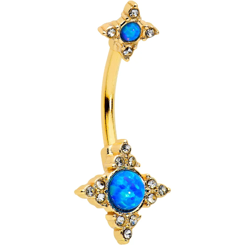 Trendy Belly Rings for Creative Styles -Blue Synthetic Opal Gold Tone Rhombus Duo Double Mount Belly Ring Trendy Belly Rings for Creative Styles -Blue Synthetic Opal Gold Tone Rhombus Duo Double Mount Belly Ring