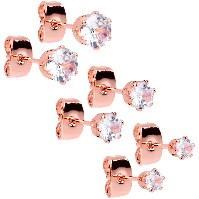 Women's Earrings – Elegant Designs for Every Personality--20 Gauge Clear CZ Gem Rose Gold Tone Post Stud Earring Set of 3