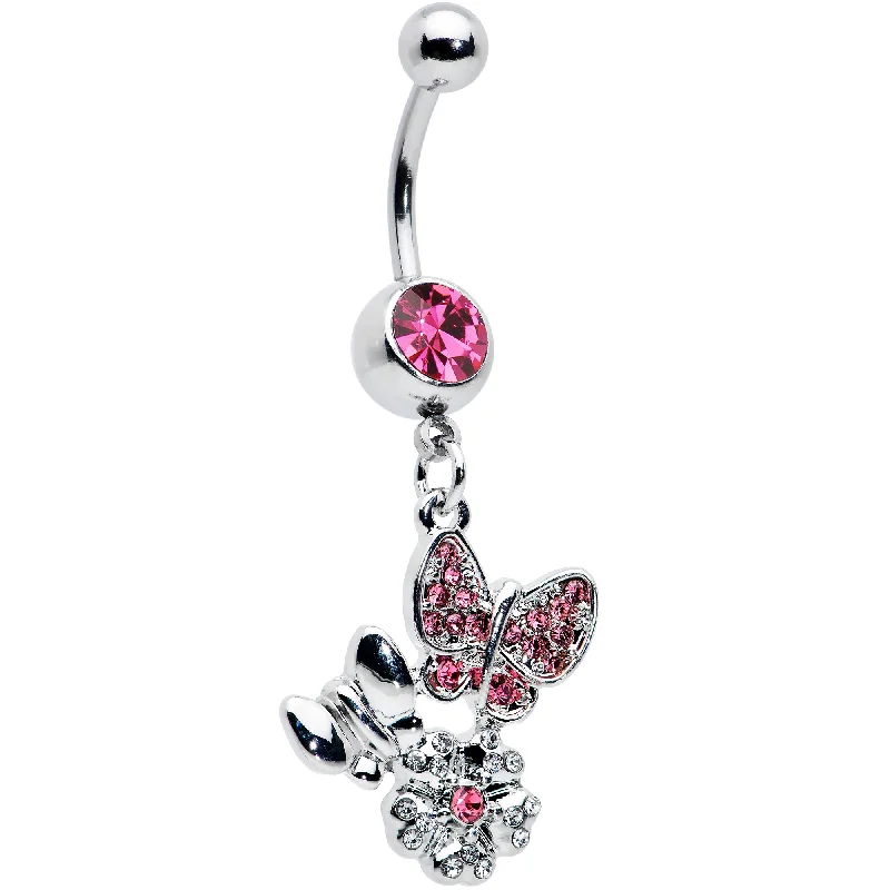 Belly Rings with Dazzling Diamonds -Pink Gem Butterflies Tiny Flower Dangle Belly Ring Belly Rings with Dazzling Diamonds -Pink Gem Butterflies Tiny Flower Dangle Belly Ring