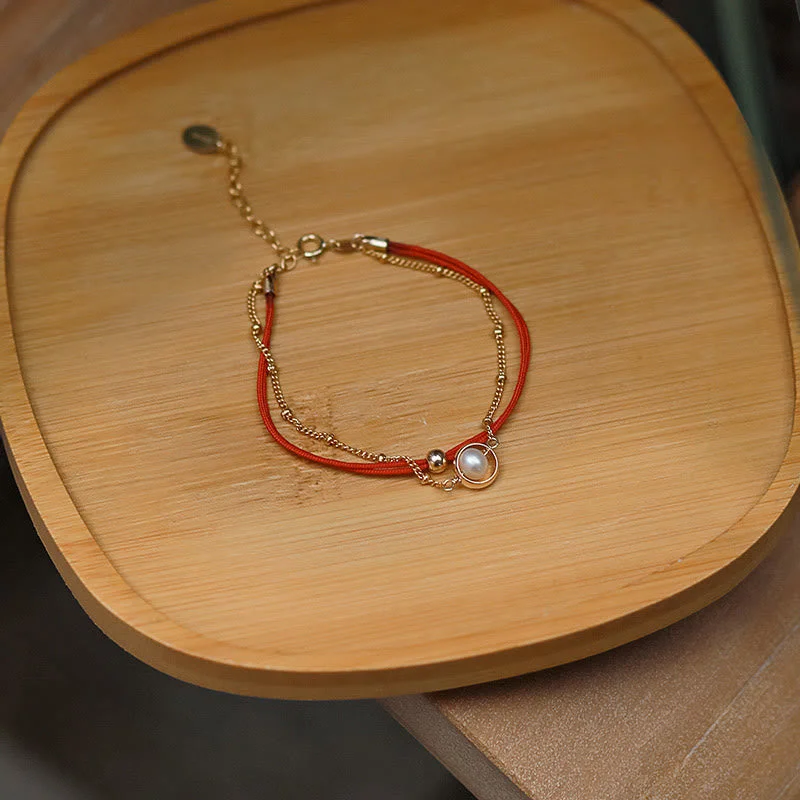 Women's Bangles with Emeralds-Buddha Stones 14K Gold Plated Pearl Bead Luck Red String Double Layer Bracelet Women's Bangles with Emeralds-Buddha Stones 14K Gold Plated Pearl Bead Luck Red String Double Layer Bracelet
