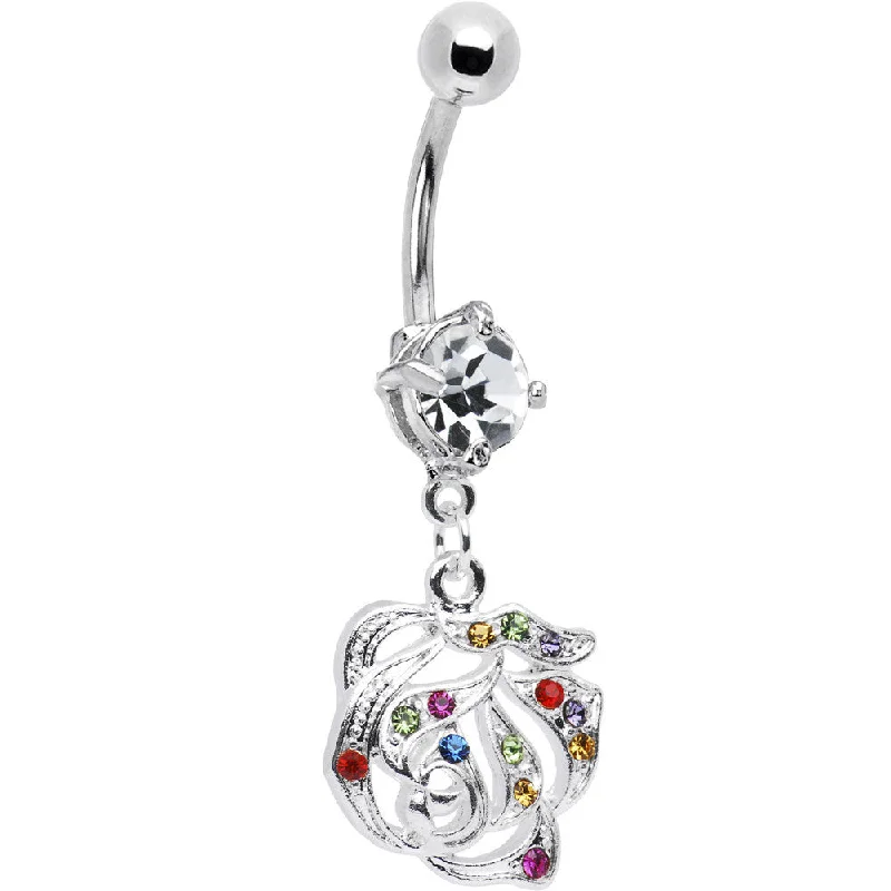 Designer Belly Rings with Modern Touch -Multi Gem Blooming Rose Flower Dangle Belly Ring Designer Belly Rings with Modern Touch -Multi Gem Blooming Rose Flower Dangle Belly Ring