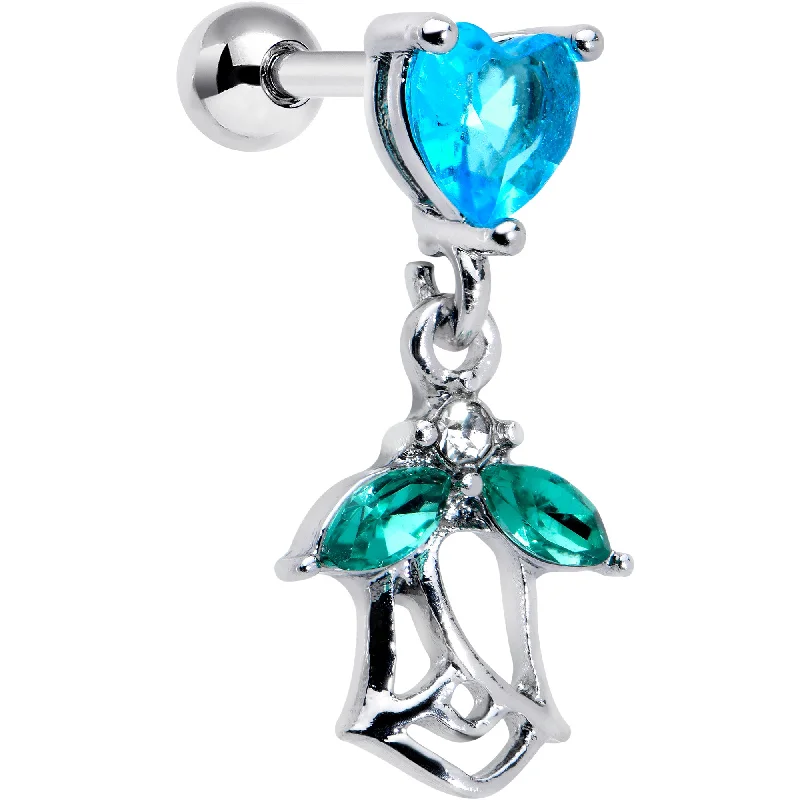 Women's Earrings – Elegant Designs for Every Personality--16 Gauge 1/4 Blue CZ Gem Heart And Rose Dangle Cartilage Earring
