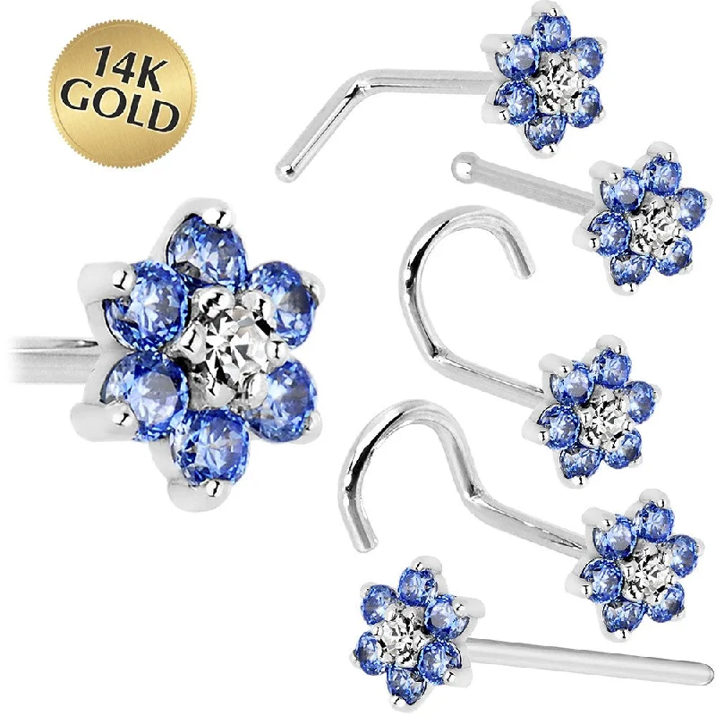Nose Rings for Beautiful Styling -Solid 14KT White Gold Arctic Blue and Clear Cubic Zirconia Flower Nose Ring Nose Rings for Beautiful Styling -Solid 14KT White Gold Arctic Blue and Clear Cubic Zirconia Flower Nose Ring