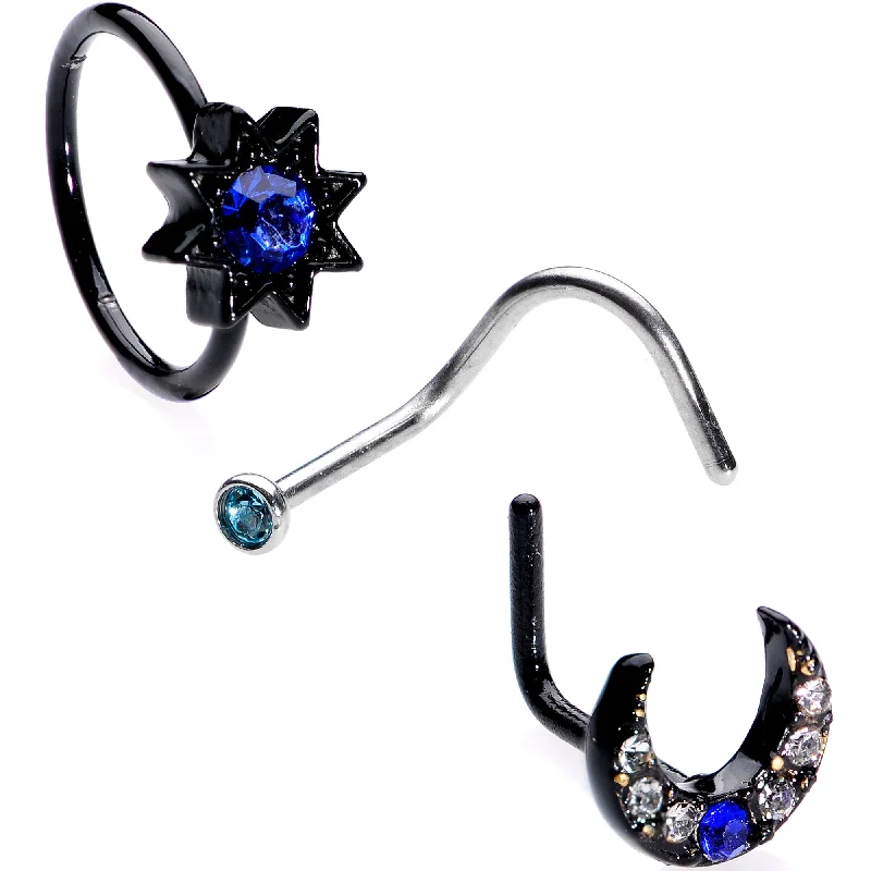 Classic Nose Rings with Simple Finish -20 Gauge 5/16 Blue Gem Black Moon Star Assorted Nose Ring Set of 3 Classic Nose Rings with Simple Finish -20 Gauge 5/16 Blue Gem Black Moon Star Assorted Nose Ring Set of 3