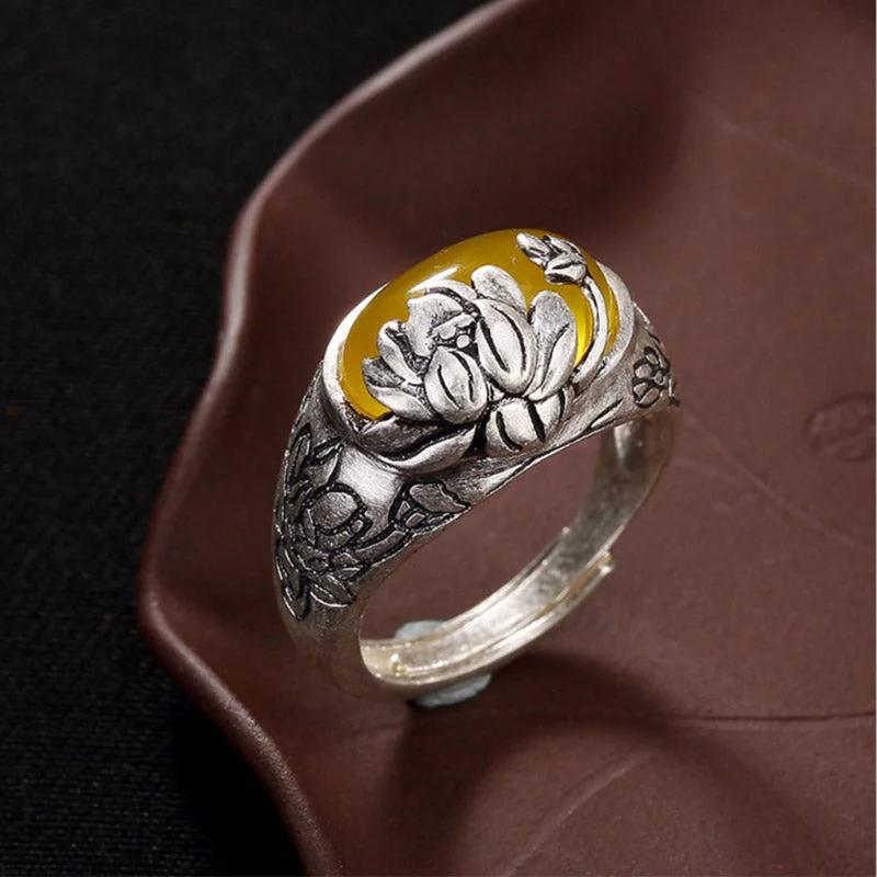 Chic Women's Rings for Fashion-Forward Looks-Buddha Stones Silver Citrine Lotus Blessing Protection Adjustable Ring Chic Women's Rings for Fashion-Forward Looks-Buddha Stones Silver Citrine Lotus Blessing Protection Adjustable Ring