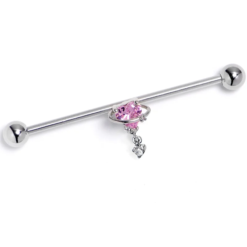 Women's Earrings – Elegant Designs for Every Personality--14 Gauge Pink Clear CZ Gem Saturn Heart Dangle Industrial Barbell 38mm