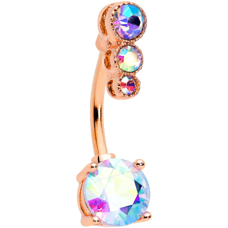 Belly Rings for Fashion Enthusiasts -Aurora CZ Gem Rose Gold Tone Triple Drop Round Belly Ring Belly Rings for Fashion Enthusiasts -Aurora CZ Gem Rose Gold Tone Triple Drop Round Belly Ring
