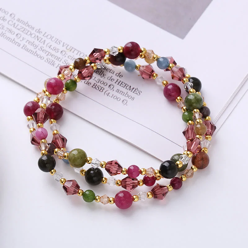 Elegant Thin Bangles for Women-Buddha Stones Natural Tourmaline Strawberry Quartz Amethyst Peace Wisdom Double Wrap Bracelet