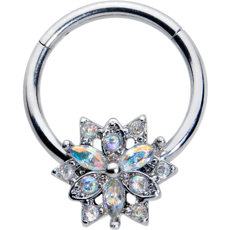 Nose Rings for Delicate Piercings -16 Gauge 3/8 Aurora CZ Gem Snowflake Style Hinged Segment Ring Nose Rings for Delicate Piercings -16 Gauge 3/8 Aurora CZ Gem Snowflake Style Hinged Segment Ring
