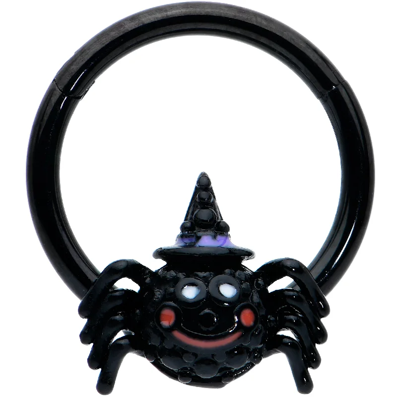 Designer Nose Rings with Unique Style -16 Gauge 3/8 Black Halloween Smiling Spider Witch Hinged Segment Ring Designer Nose Rings with Unique Style -16 Gauge 3/8 Black Halloween Smiling Spider Witch Hinged Segment Ring
