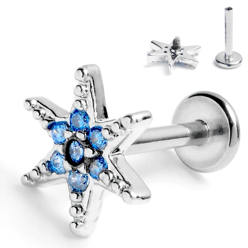 Lip Rings with Beaded Details16 Gauge 5/16 Blue CZ Gem Lavish Star Internally Threaded Labret Tragus