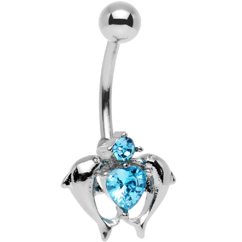 Belly Rings with Shiny Accents for Extra Glam -Aqua Gem Double Dolphin Heart Bottom Mount Belly Ring Belly Rings with Shiny Accents for Extra Glam -Aqua Gem Double Dolphin Heart Bottom Mount Belly Ring