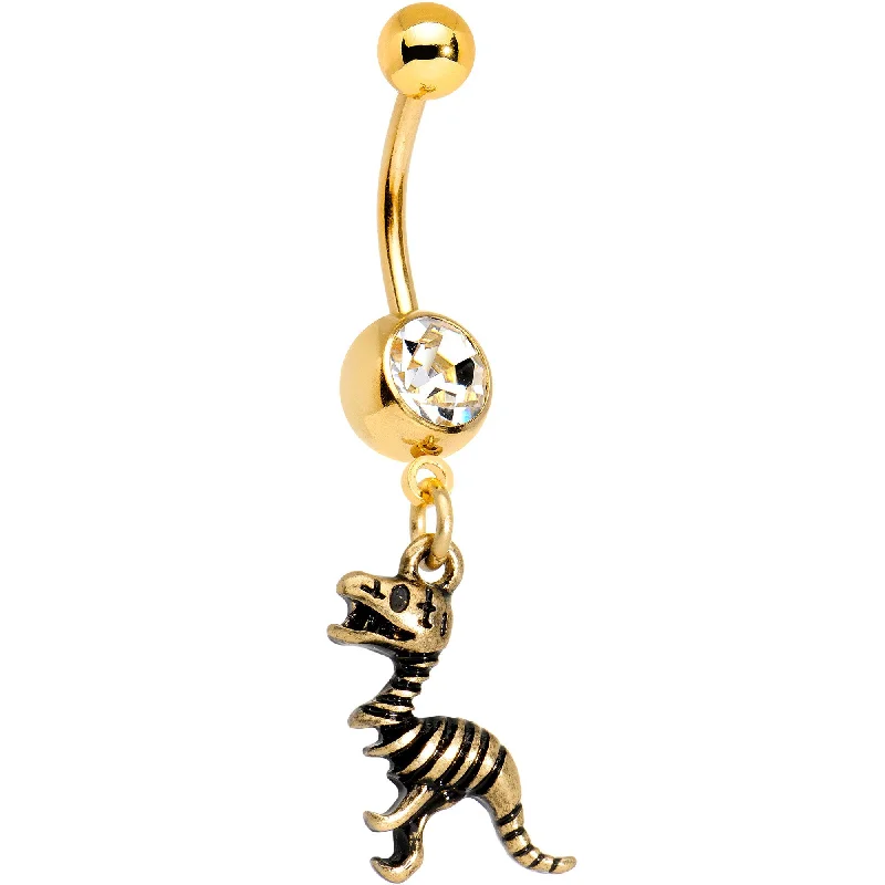 Comfortable Belly Rings for Active Lifestyles -Clear Gem Gold Tone Anodized Raptor Bones Dinosaur Dangle Belly Ring Comfortable Belly Rings for Active Lifestyles -Clear Gem Gold Tone Anodized Raptor Bones Dinosaur Dangle Belly Ring