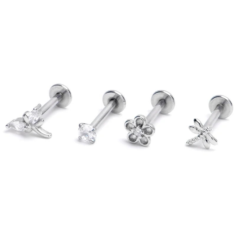 Colorful Lip Rings for Fun Looks16 Gauge 5/16 Clear Gem Dragonflies Sun Labret Monroe Tragus Curation Set of 4