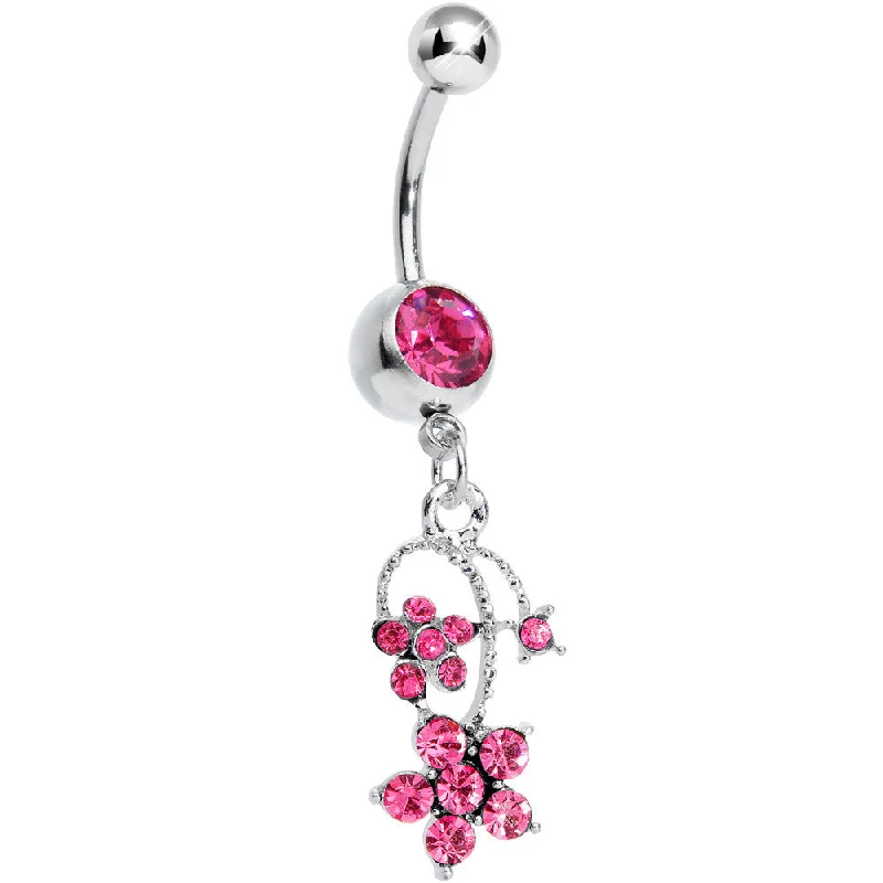 Beautiful Belly Rings with Precious Stones -Pink Gem Tri Flower Strand Dangle Belly Ring Beautiful Belly Rings with Precious Stones -Pink Gem Tri Flower Strand Dangle Belly Ring