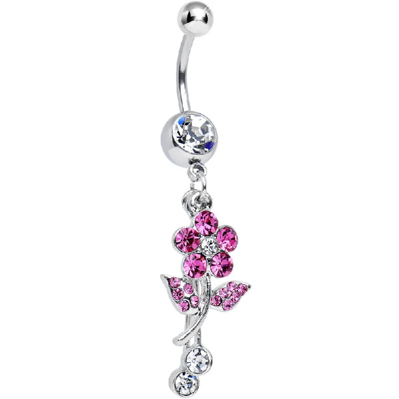 Stylish Belly Rings for Bold Fashion Statements -Clear Gem Precious Pink Flower Dangle Belly Ring Stylish Belly Rings for Bold Fashion Statements -Clear Gem Precious Pink Flower Dangle Belly Ring