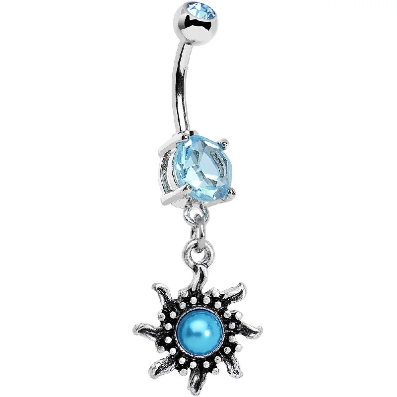 Trendy Belly Rings for Statement Designs -Aqua Gem Frosted Blue Orb Spun Sun Dangle Belly Ring Trendy Belly Rings for Statement Designs -Aqua Gem Frosted Blue Orb Spun Sun Dangle Belly Ring