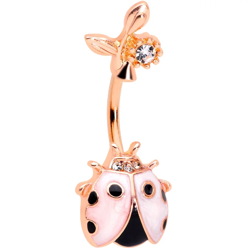 Trendy Belly Rings for Creative Designs -Clear Gem Rose Gold Tone Ladybug Tiny Flower Belly Ring Trendy Belly Rings for Creative Designs -Clear Gem Rose Gold Tone Ladybug Tiny Flower Belly Ring
