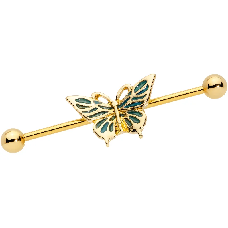 Women's Earrings – Elegant Designs for Every Personality--14 Gauge Gold Tone Green Inlay Butterfly Industrial Barbell 38mm