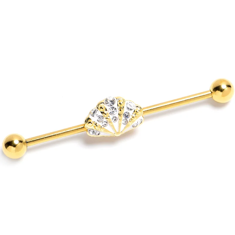 Women's Earrings – Elegant Designs for Every Personality--14 Gauge Clear Gem Gold Tone Luxe Sea Shell Glam Industrial Barbell 38mm