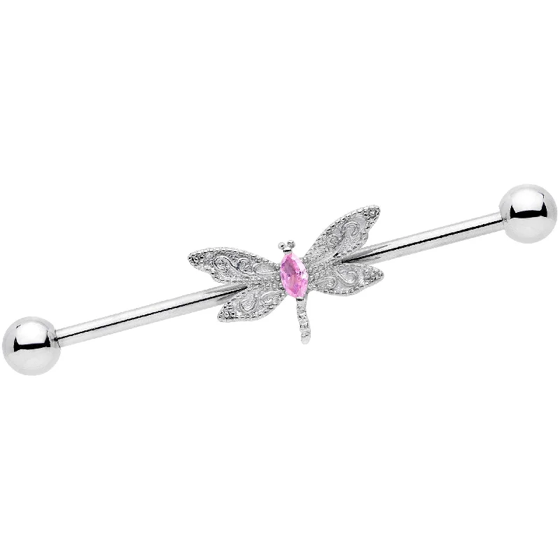 Women's Earrings – Elegant Designs for Every Personality--14 Gauge Pink Gem Dazzling Lacework Dragonfly Industrial Barbell 38mm