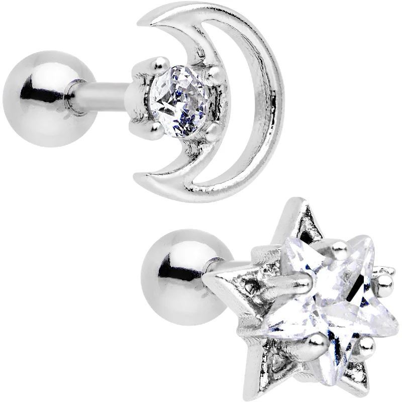 Women's Earrings – Elegant Designs for Every Personality--16 Gauge 1/4 Clear CZ Gem Moon and Star Tragus Cartilage Earring Set
