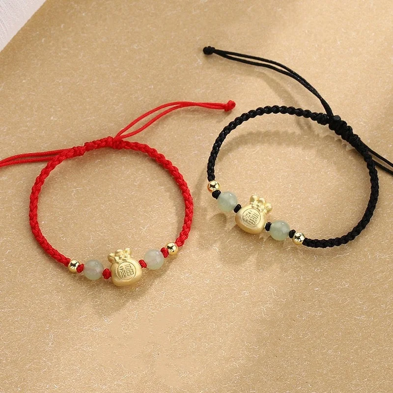 Simple Bangle Bracelets for Women-Buddha Stones Lucky Money Bag Fu Character Jade Bead Luck Braided Bracelet Simple Bangle Bracelets for Women-Buddha Stones Lucky Money Bag Fu Character Jade Bead Luck Braided Bracelet